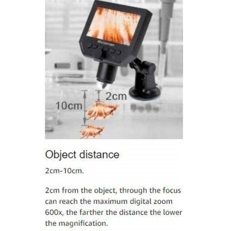 Digital Microscope 4.3in HD LED 3.6MP 1-600x Continuous Magnifier - shown in a diagram illustrating the 2cm to 10cm object distance and magnification range.
