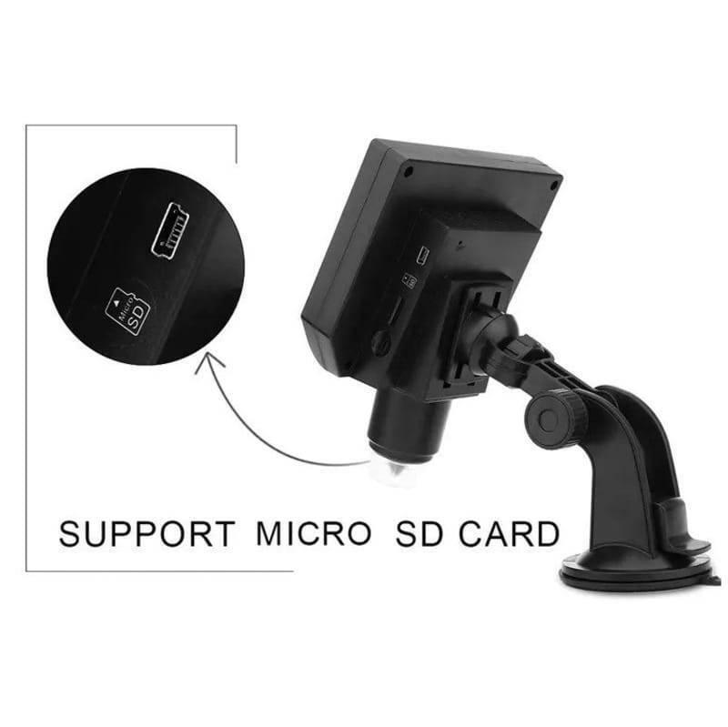 Digital Microscope 4.3in HD LED 3.6MP 1-600x Continuous Magnifier - a close-up of the Micro SD card slot and USB port on the device side.