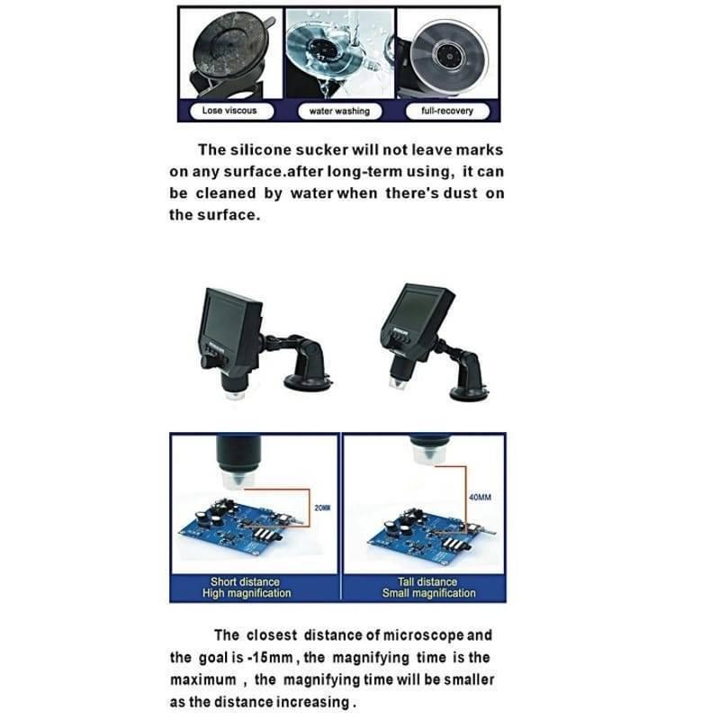 Digital Microscope 4.3in HD LED 3.6MP 1-600x Continuous Magnifier - a suction cup cleaning guide, mounting positions, and focus distance diagrams.