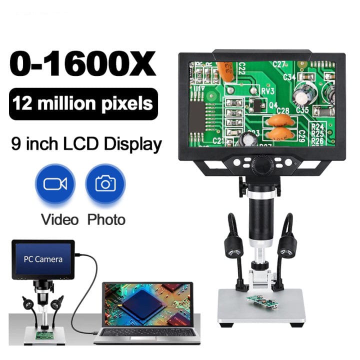 Digital Microscope 9 Inch LCD 1080FHD 12 Million Pixels 1600x Industrial Repair Microscope High Quality - a black microscope with a screen displaying a circuit board, two adjustable lights, and a laptop connection diagram.