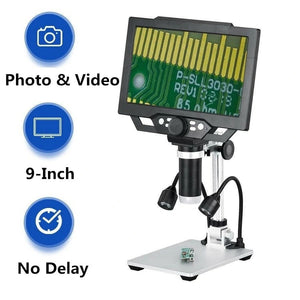 Digital Microscope 9 Inch LCD 1080FHD 12 Million Pixels 1600x Industrial Repair Microscope High Quality - with a 9-inch screen displaying a circuit board, two flexible LED lights, and three feature icons.