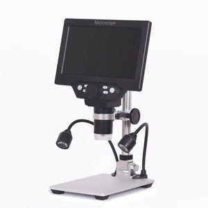 Digital Microscope 9 Inch LCD 1080FHD 12 Million Pixels 1600x Industrial Repair Microscope High Quality - a black screen, a central focus knob, four control buttons, and two adjustable LED gooseneck lights on a metal stand.