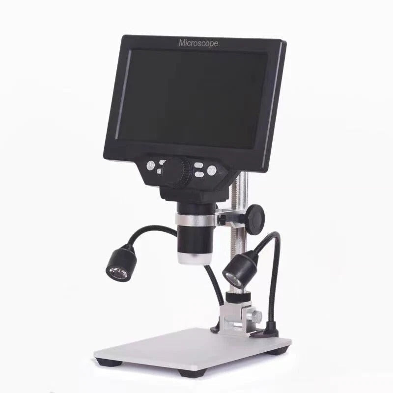 Digital Microscope 9 Inch LCD 1080FHD 12 Million Pixels 1600x Industrial Repair Microscope High Quality - a black screen, a central focus knob, four control buttons, and two adjustable LED gooseneck lights on a metal stand.