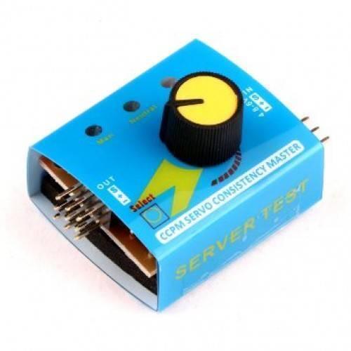 Digital Multi Servo Tester Esc Rc Consistency Ccpm Master Speed Control - box-shaped device with a yellow adjustment knob, three mode indicator lights, and a row of output pins.