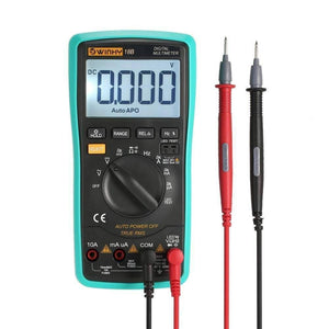 Digital Multimeter 18B True Tester RMS AC DC Volt Amp Ohm Capacitance LED Diode Frequency Meter Test 5999 Backlight Counts - a teal and black handheld device with a digital display reading 0.000, a central rotary dial, ports, and two test leads.