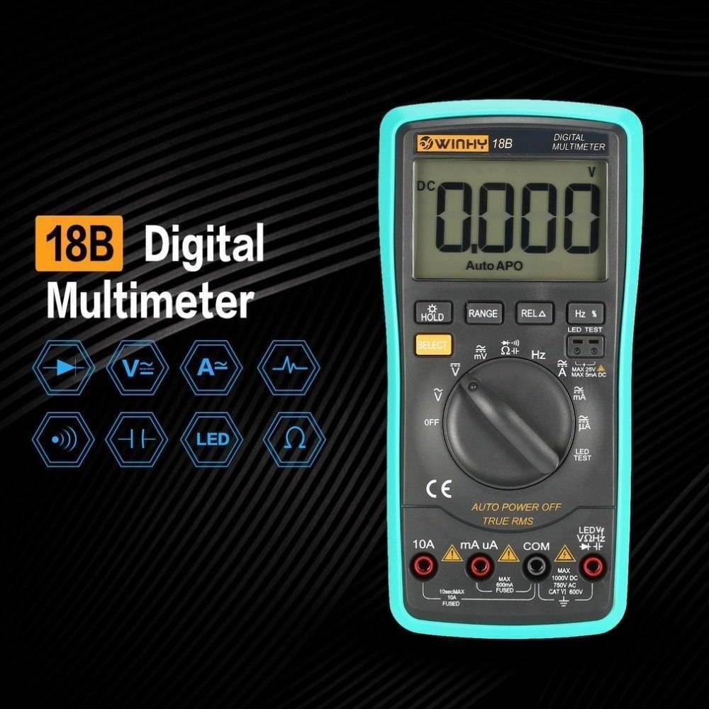 Digital Multimeter 18B True Tester RMS AC DC Volt Amp Ohm Capacitance LED Diode Frequency Meter Test 5999 Backlight Counts - a teal and black handheld device with a digital display reading 0.000, a central rotary dial, and four input ports.