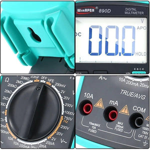 Digital Multimeter 890D DC AC Voltmeter Fast Accurately Measures Current Resistance Capacitance For Electrical Maintenance - a four-panel close-up showing the teal casing, the display reading 00.0, the rotary dial, and the input ports.