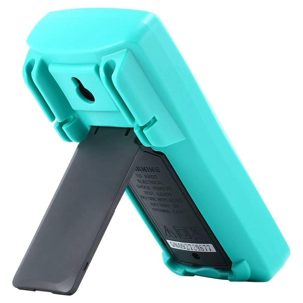Digital Multimeter 890D DC AC Voltmeter Fast Accurately Measures Current Resistance Capacitance For Electrical Maintenance - shown from the back, featuring a teal protective case, a black fold-out kickstand, and a serial number label.
