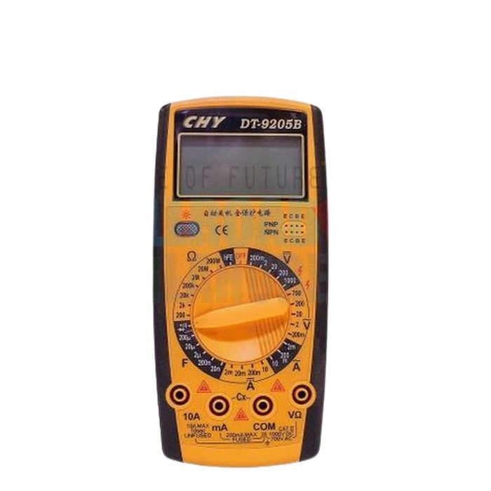 Digital Multimeter - DT-9205B - a yellow and black handheld device with a central rotary dial, a blank LCD screen, and three input ports at the bottom.