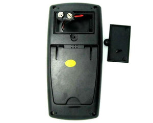 Digital Multimeter - DT-9205B - rear view showing the open battery compartment with a 9V battery connector and the detached black plastic battery cover.