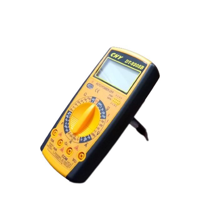 Digital Multimeter - DT-9205B - a yellow and black handheld device with a central rotary dial, a blank LCD screen, and input ports at the bottom.
