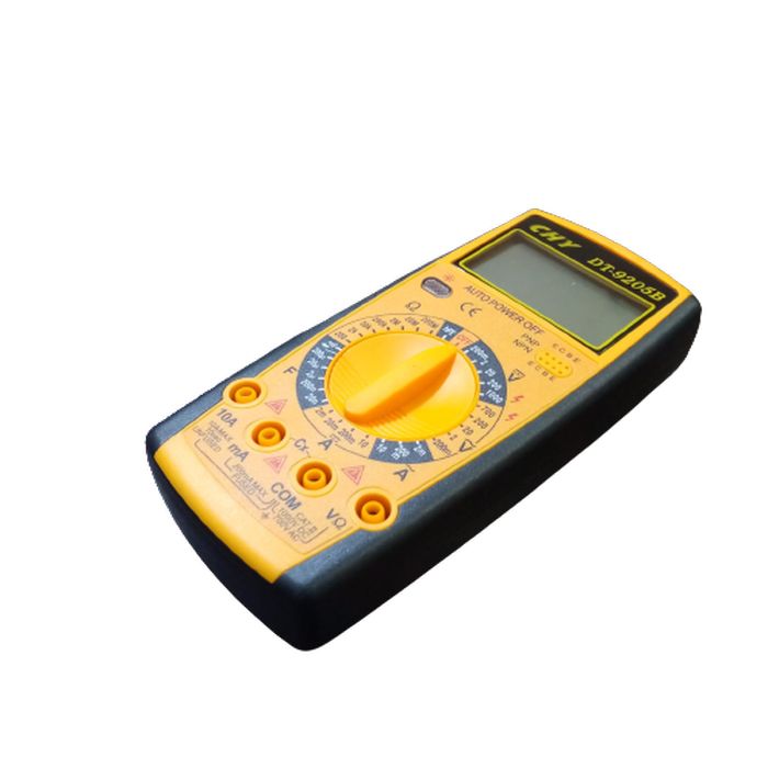 Digital Multimeter - DT-9205B - a yellow and black handheld device with a central rotary dial, screen, and multiple input ports on the front face.