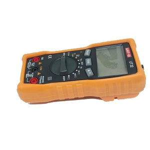 Digital Multimeter Uat-d Ut 32 - shown at an angle, featuring an orange protective case, a rotary dial, function buttons, and an empty LCD screen.