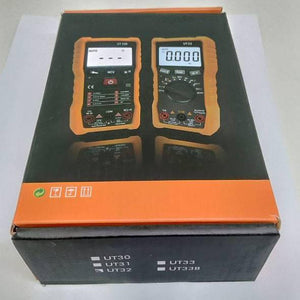 Digital Multimeter Uat-d Ut 32 - a black and orange box showing images of two different multimeter models on the front with a model list printed on the side.