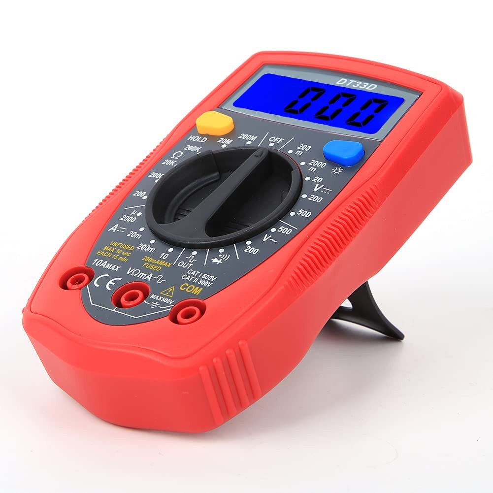 Digital Multimeter Xtmax DT33D Voltmeter Tester Ammeter - a red handheld device with a central rotary dial, a blue backlit LCD screen displaying 000, and three input ports.