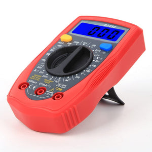 Digital Multimeter Xtmax DT33D Voltmeter Tester Ammeter - a red handheld device with a central rotary dial, a blue backlit LCD screen displaying 000, and three input ports.