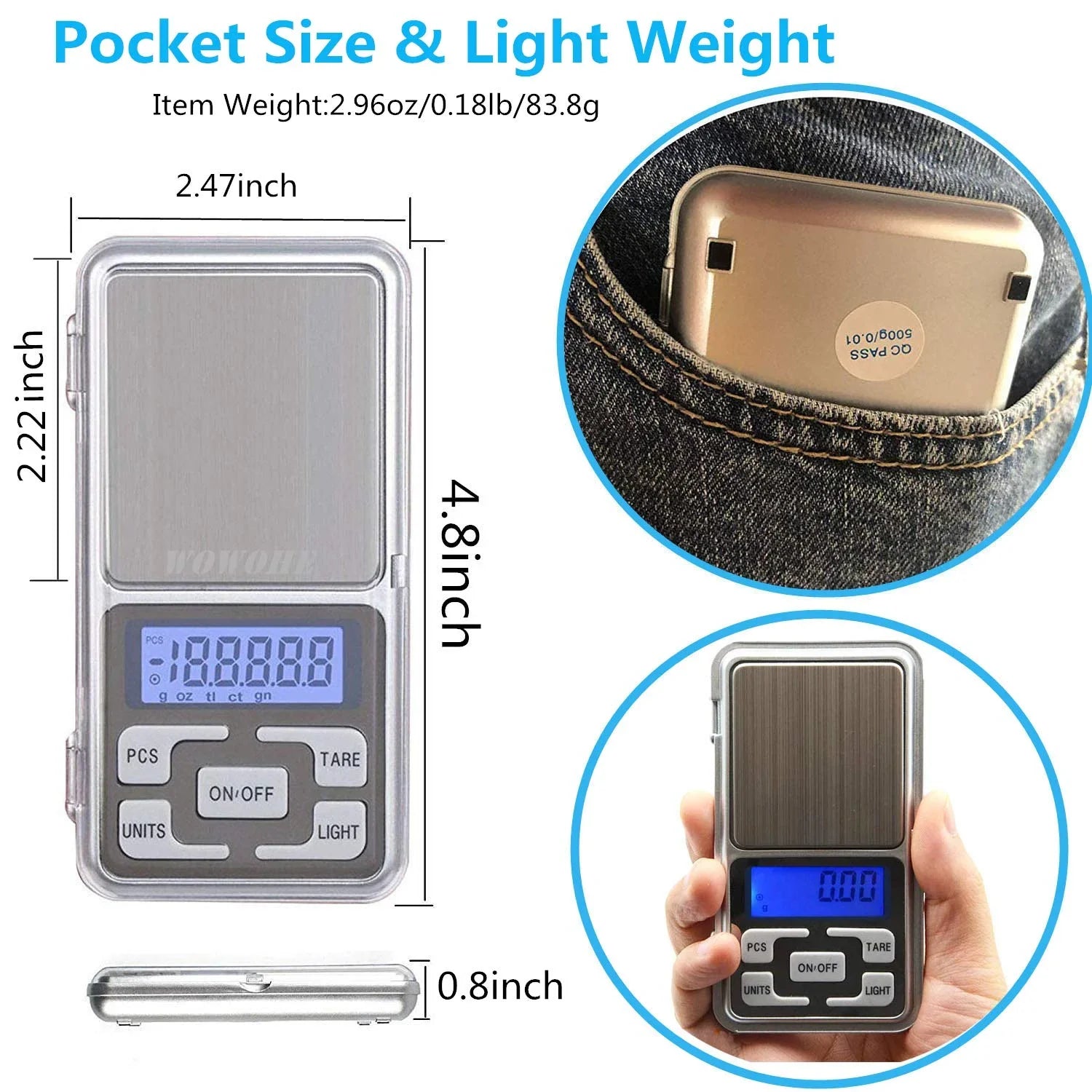 Digital Pocket Scales Gram Food Scale Kitchen Portable Scale Small Mini Cooking Scale Digital Weight Grams Capacity 200G - shown with dimensions, a blue backlit display, control buttons, and images of the device in a pocket and being held in a hand.