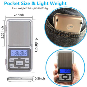 Digital Pocket Scales Gram Food Scale Kitchen Portable Scale Small Mini Cooking Scale Digital Weight Grams Capacity 200G - shown with dimensions, a blue backlit display, control buttons, and images of the device in a pocket and being held in a hand.
