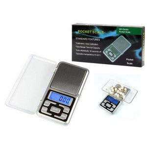 Digital Pocket Scales Gram Food Scale Kitchen Portable Scale Small Mini Cooking Scale Digital Weight Grams Capacity 200G - shown with its black packaging box, an open silver scale with a blue digital display reading 0.00, and a smaller scale with beads.