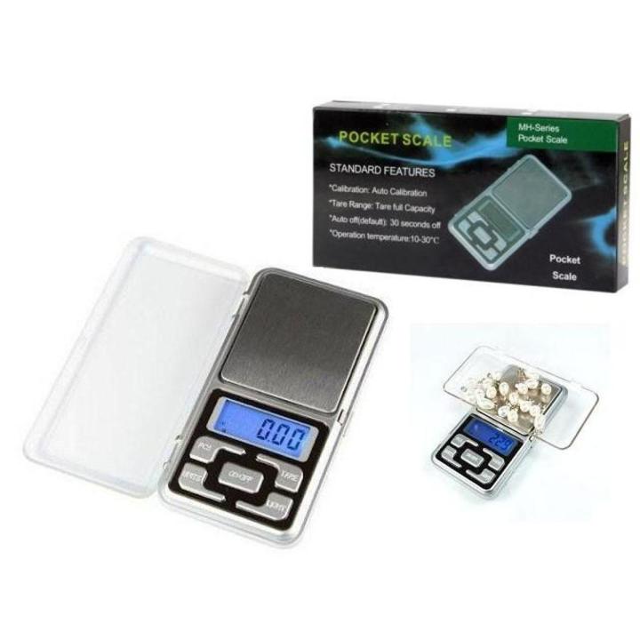 Digital Pocket Scales Gram Food Scale Kitchen Portable Scale Small Mini Cooking Scale Digital Weight Grams Capacity 200G - shown with its black packaging box, an open silver scale with a blue digital display reading 0.00, and a smaller scale with beads.
