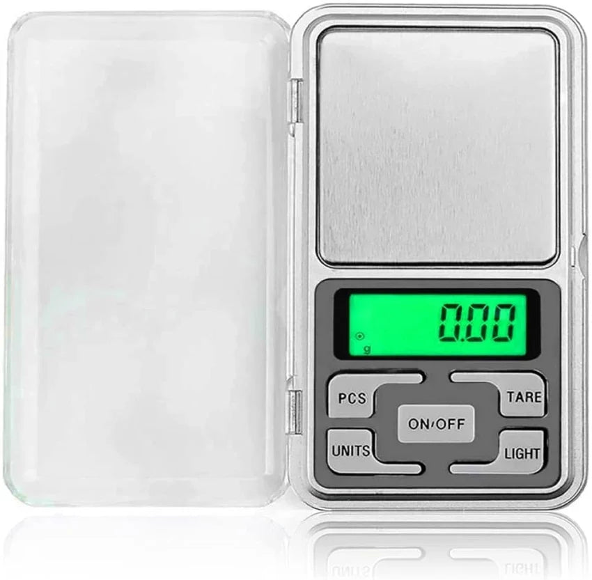 Digital Pocket Scales Gram Food Scale Kitchen Portable Scale Small Mini Cooking Scale Digital Weight Grams Capacity 200G - a silver rectangular body, a clear flip-up lid, a green digital display reading 0.00, and five control buttons.