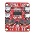 Digital Power Amplifier Board - Dual Channel 2x15w Stereo Amplifier With Reduced Distortion - rectangular circuit board featuring four capacitors, four inductors, a central chip, and labeled power and audio ports.
