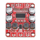 Digital Power Amplifier Board - Dual Channel 2x15w Stereo Amplifier With Reduced Distortion - rectangular circuit board featuring four capacitors, four inductors, a central chip, and labeled power and audio ports.