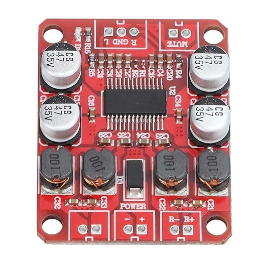 Digital Power Amplifier Board - Dual Channel 2x15w Stereo Amplifier With Reduced Distortion - rectangular circuit board featuring four capacitors, four inductors, a central chip, and labeled power and audio ports.