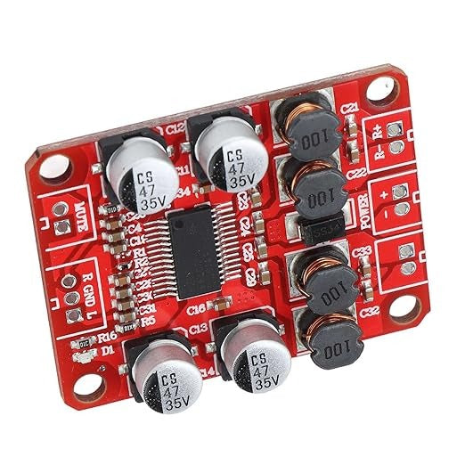 Digital Power Amplifier Board - Dual Channel 2x15w Stereo Amplifier With Reduced Distortion - rectangular circuit board featuring four capacitors, four inductors, and labeled terminals for power, mute, and audio.