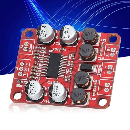 Digital Power Amplifier Board - Dual Channel 2x15w Stereo Amplifier With Reduced Distortion - square circuit board featuring four capacitors, four inductors, a central chip, and labeled power and audio terminals.