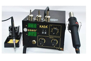 Digital Soldering And SMD Rework Station Kada 852D+ - with a black base, two digital displays, two temperature knobs, an air knob, and two tools.