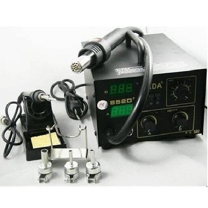 Digital Soldering And SMD Rework Station Kada 852D+ - with a black base unit, two digital displays, control knobs, a hot air gun, iron, and nozzles.