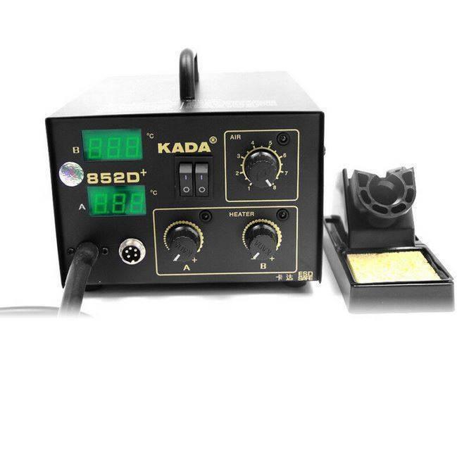 Digital Soldering And SMD Rework Station Kada 852D+ - with a black metal housing, two digital displays, three control knobs, power switches, and a stand.