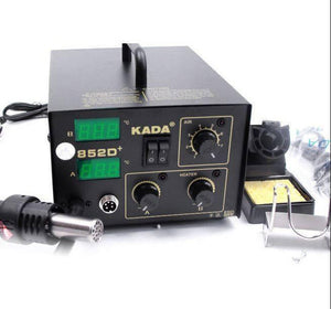 Digital Soldering And SMD Rework Station Kada 852D+ - with a black metal housing, digital displays, control knobs, a hot air gun, and a soldering stand.