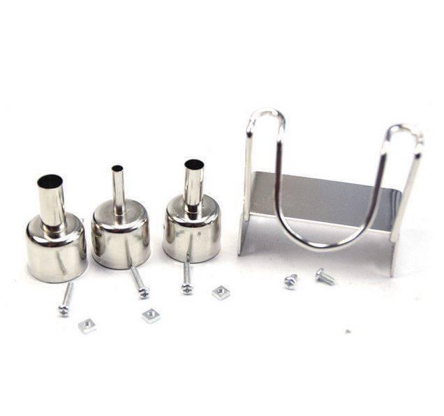 Digital Soldering And SMD Rework Station Kada 852D+ - accessories including three metal air nozzles, a metal stand, and small screws with nuts.