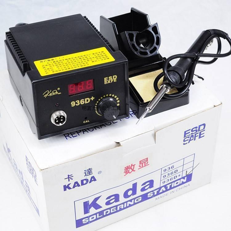 Digital Soldering Iron Station Kada 936D+ ESD Safe - a black unit with a digital display, a temperature control knob, a port, and a soldering iron on its stand.