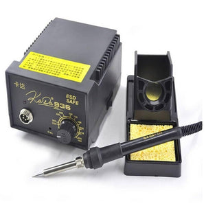 Digital Soldering Iron Station Kada 936D+ ESD Safe - a black control unit with a circular temperature knob and connector port, a soldering iron, and a stand.