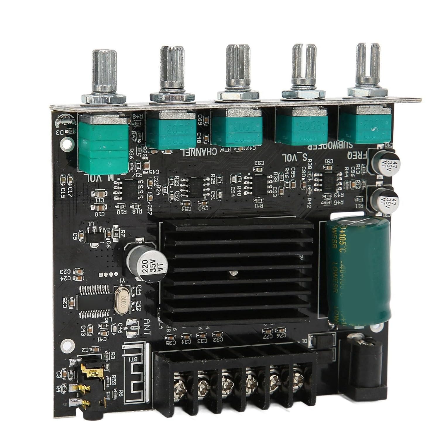 Digital Stereo Amplifier Board, Zk‑MT21 Bluetooth 2.1 Channel DC 12‑24V, Hifi DIY Audio Power Amp Module, For 15‑100W - a black circuit board featuring five silver rotary knobs, a black heatsink, a large capacitor, and terminals.