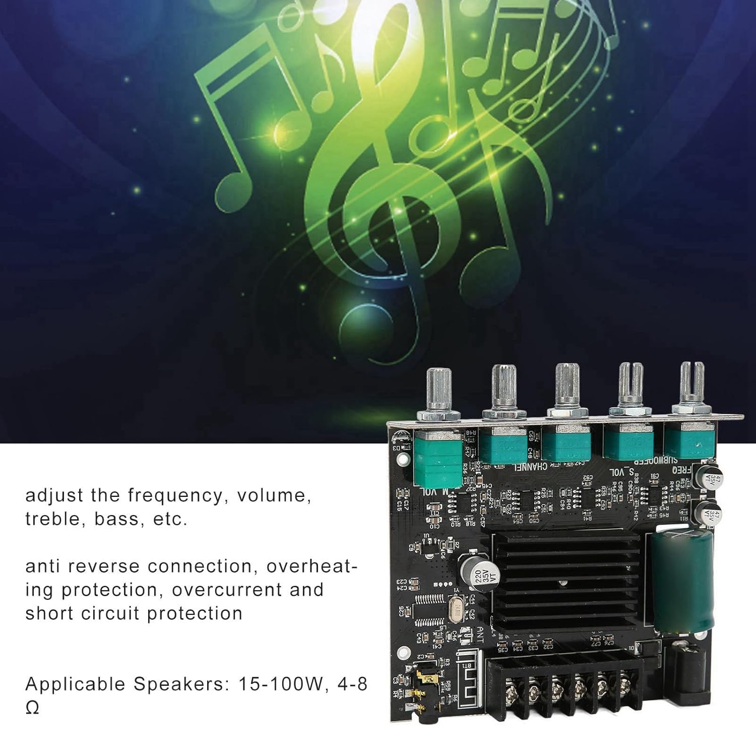 Digital Stereo Amplifier Board, Zk‑MT21 Bluetooth 2.1 Channel DC 12‑24V, Hifi DIY Audio Power Amp Module, For 15‑100W - a black circuit board with four silver knobs, a black heatsink, and a terminal block for speaker connections.