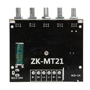 Digital Stereo Amplifier Board, Zk‑MT21 Bluetooth 2.1 Channel DC 12‑24V, Hifi DIY Audio Power Amp Module, For 15‑100W - a black rectangular module featuring five top-mounted control knobs, a large capacitor, and bottom terminal ports.
