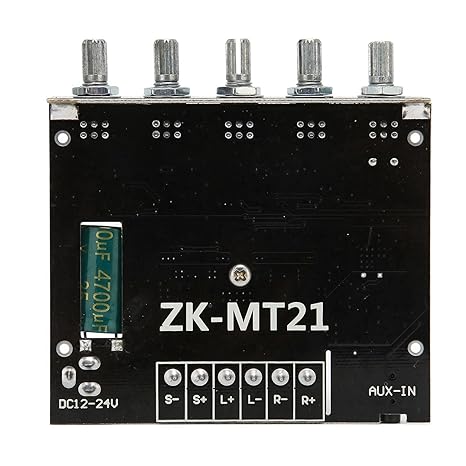 Digital Stereo Amplifier Board, Zk‑MT21 Bluetooth 2.1 Channel DC 12‑24V, Hifi DIY Audio Power Amp Module, For 15‑100W - a black rectangular module featuring five top-mounted control knobs, a large capacitor, and bottom terminal ports.