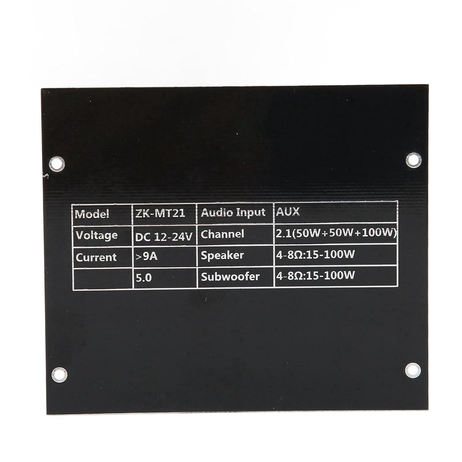 Digital Stereo Amplifier Board, Zk‑MT21 Bluetooth 2.1 Channel DC 12‑24V, Hifi DIY Audio Power Amp Module, For 15‑100W - a black rectangular plate with white printed text listing technical specifications including voltage, current, and channel.