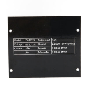 Digital Stereo Amplifier Board, Zk‑MT21 Bluetooth 2.1 Channel DC 12‑24V, Hifi DIY Audio Power Amp Module, For 15‑100W - a black rectangular plate with white printed text listing technical specifications including voltage, current, and channel.
