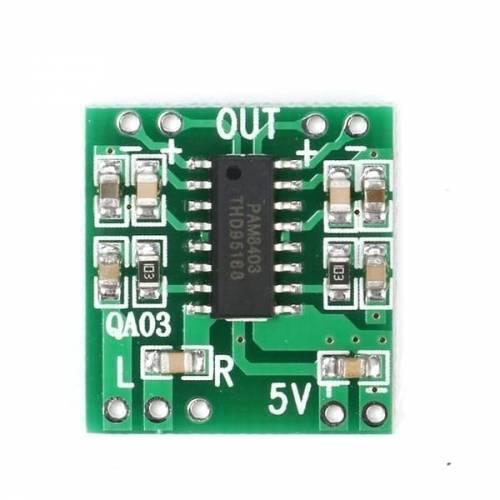 Digital Stereo Audio Amplifier Board PAM8403 Mini Two Channel 2x3w Class d Audio Power Amplification Module - a small green rectangular circuit board with a central chip, labeled ports for L, R, 5V, and audio output.