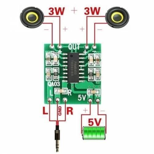 Digital Stereo Audio Amplifier Board PAM8403 Mini Two Channel 2x3w Class d Audio Power Amplification Module - a green circuit board with wiring diagrams for two speakers, a 3.5mm audio jack, and a 5V power source.