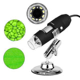 Digital USB 8 LEDS 500x Magnifier Microscope - shown on a silver stand with a separate view of its LED ring and two circular microscopic sample images.