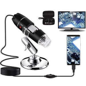 Digital USB 8 LEDS 500x Magnifier Microscope - shown with a metal stand, a black carrying case, a monitor, and a smartphone displaying circuit board images.