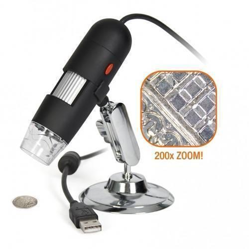 Digital USB 8 LEDS 500x Magnifier Microscope - a black handheld device on a silver stand with a USB cable and a 200x zoom inset image.