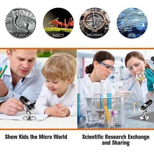 Digital USB 8 LEDS 500x Magnifier Microscope - shown in use by a child with an adult and by researchers, with circular close-up examples of its magnification.