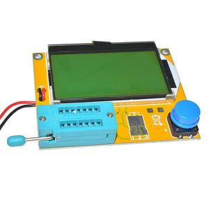 Diode Triode Capacitance ESR Meter Transistor Tester Lcr T4 - a blank green LCD screen, a blue ZIF socket, and a blue push-button on a yellow PCB.